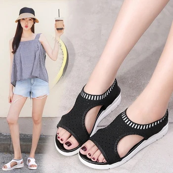Letné Topánky Ženy Sandále Sandalias Mujer Slip-on Oka Textílie Plážové Sandále Ploché Kliny Plus Veľkosť 45 Sandalia Feminina