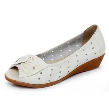 Letné duté sandále ryby úst dámske topánky pohodlné klinu náklonu mäkké dno bežné kožené topánky