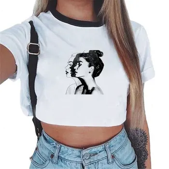 Letné Žena Módy 2019 Voľný Čas Streetwear Dievča Triple Maľovanie Na Tumblr Estetické Harajuku Tričko Lumbálna Tlač Tričko Orezať Začiatok