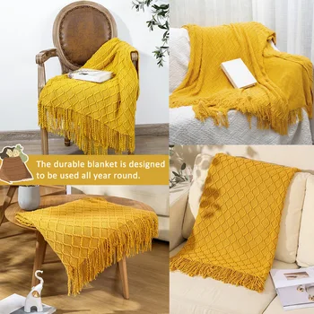 Living Room Grid Couch Office Warm Lightweight Soft Cozy For Sofa Bed Throw Blanket Travel With Tassels Fashion Acrylic Knitted
