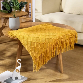 Living Room Grid Couch Office Warm Lightweight Soft Cozy For Sofa Bed Throw Blanket Travel With Tassels Fashion Acrylic Knitted