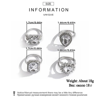 Luxusné 4pcs/set Prstene pre Ženy v tvare Srdca Námestie Drahokamu Geometrické Prst Prsteň Módne Šperky Ženskej Kapely Svadobné Party