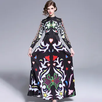 Luxusné Dizajnér Dráhy Abstraktné Leopard Vytlačené Maxi Šaty 2020 Jar Ženy Stojí Golier Slim Vintage Skladaný Šaty Vestidos