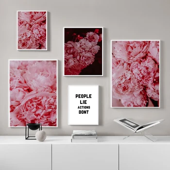 Maliarske plátno Nordic Dekor Ružová Pivónia Kvet Plagát a Vypíše Slovo Wall Art Kvetinový Obraz Spálňa Decor Domáce Dekorácie