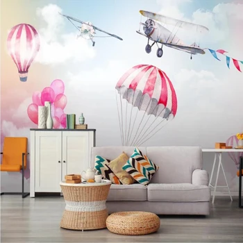 Milofi vlastné 3D tapeta nástenná maľba čerstvé a jednoduché farebné oblohe lietadlo teplovzdušný balón pozadí dekorácie, tapety nástenná maľba