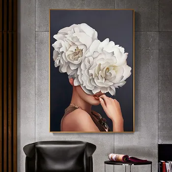Moderný Ružový Biely Kvet Lady Plagát Osobnosti Módy Abstraktné Žena Vytlačiť Plátno Umelecké Maľovanie Na Stenu Obrázok, Obývacia Izba Dekor