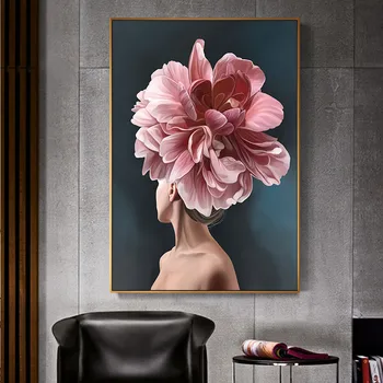 Moderný Ružový Biely Kvet Lady Plagát Osobnosti Módy Abstraktné Žena Vytlačiť Plátno Umelecké Maľovanie Na Stenu Obrázok, Obývacia Izba Dekor