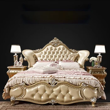 Moderný európsky masívneho dreva posteľ Módne Vyrezávané kožené francúzsky spálne nábytok bng007