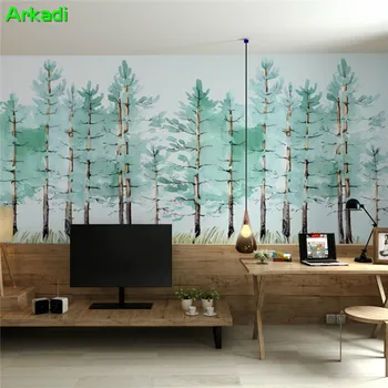 Moderný minimalistický spálne, obývacia izba tapety ručne maľované zelený les krajiny, TV joj, steny papier nástenná maľba vlastná veľkosť