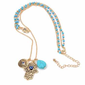Modrá Zlo Módne Charms Oko Hamsa Ruky Vintage Náhrdelník Perličiek Náhrdelníky&Prívesky Ženy Šperky