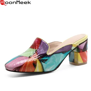 MoonMeek Ženy papuče letné vysoké podpätky zmiešané farby tkaných topánky originálne kožené módne farby kvetov ženy čerpadlá