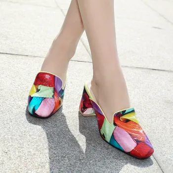 MoonMeek Ženy papuče letné vysoké podpätky zmiešané farby tkaných topánky originálne kožené módne farby kvetov ženy čerpadlá