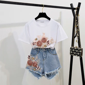 Móda Bavlna T-Shirt Topy + Krátke Džínsy 2 Ks Súpravy 2020 Nové Letné dámske Džínsové Nohavice, Oblečenie 3D Kvety Lištovanie Vyhovuje