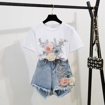 Móda Bavlna T-Shirt Topy + Krátke Džínsy 2 Ks Súpravy 2020 Nové Letné dámske Džínsové Nohavice, Oblečenie 3D Kvety Lištovanie Vyhovuje
