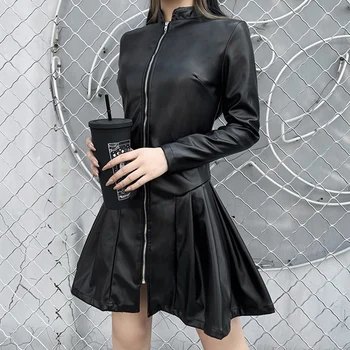 Móda High Street Solid Black PU Kožené Šaty Punk Štýl Goth Ženy Krátke Mini Šaty s Dlhým Rukávom Jar Jeseň 2021vestido