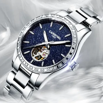 Móda Tourbillon Ženy hodinky Top značky Luxusné KARNEVAL Automatické Hodinky Ženy Diamanty Kruhu Svetla Kostra Sledovať ženy