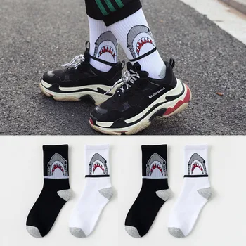 Móda shark hip hop ponožky mužov dlhé ponožky cartoon hiphop street sport skateboard čierna biela posádky ponožky darčeky pre mužov gosha