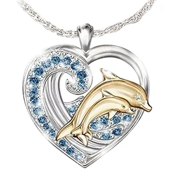 Módna Vlna Striebro Láska Srdce Zlato Dolphin Nastaviť Diamantový Náhrdelník Prsteň Dámy Krásna Priateľka Šperky Darček