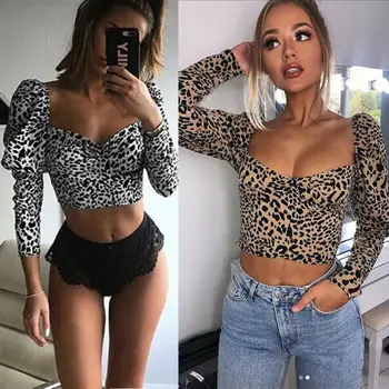 Módne dámske Sexy Letné Leopard Vytlačené T Tričko je U Krku Topy s Dlhým Rukávom Krátke Tričko
