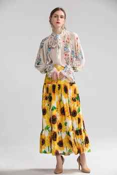 Módne dámske zbrusu nový vysoko kvalitné voľné Košele+kvetinový tlač sukne dve dielna sada 2019 Jeseň ženy sukne vyhovovali B014