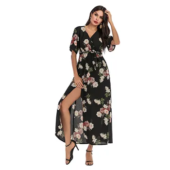 Módne leto ženy šaty pláže, dlhé šaty s nízkou tvaru Krátky Rukáv Šifón kvetinové šaty Koleno Dĺžke Šaty