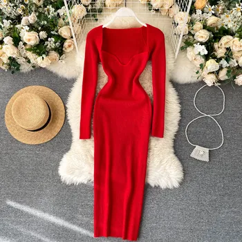 Na jar A na Jeseň Elegantné dámske Sexy Pletené Šaty Bodycon Dámy Vintage Červený Dlhý Rukáv Základné Strečové Šaty Ženské Oblečenie
