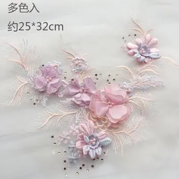 Nahé Ružová hodvábne kvety motív bodice,Perličiek čipky nášivka s Ručne 3D kvet,ťažké vyšívané nášivka pre svadobné 5 Ks