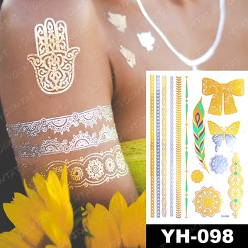 Nepremokavé Dočasné Tetovanie Nálepky Kovové Zlato, Striebro Náramok Jeleň Star Moon Flower Flash Tetovanie Ženy Henna Body Art Falošné Tatto