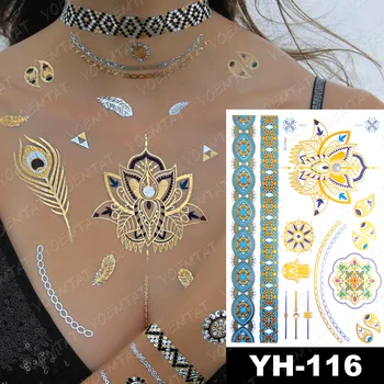 Nepremokavé Dočasné Tetovanie Nálepky Kovové Zlato, Striebro Náramok Jeleň Star Moon Flower Flash Tetovanie Ženy Henna Body Art Falošné Tatto