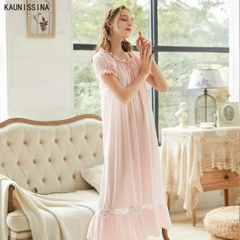 Nightgown Sleepwear Ženy, Leto, Jeseň Nightdress Voľné Žena Princezná Nočná Košeľa Pohodlné Bavlny Oblečenie Pre Voľný Čas Pink White
