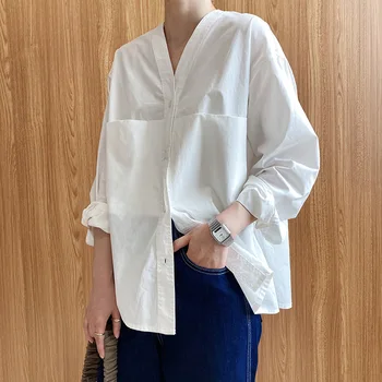 Nomikuma kórejský Príčinné Ženy Blúzky Singel svojim tvaru Dlhý Rukáv Top Blusas Femme Dvojité Vrecká Tričko 2020 Nové 6B477