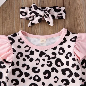 Novonarodené Dieťa, Dieťa Dievča Leopard Oblečenie s Dlhým Rukávom ružové Prehrabať Romper top dlhé čierne Nohavice, hairband 3ks Oblečenia