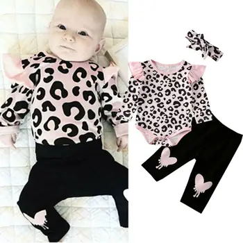 Novonarodené Dieťa, Dieťa Dievča Leopard Oblečenie s Dlhým Rukávom ružové Prehrabať Romper top dlhé čierne Nohavice, hairband 3ks Oblečenia