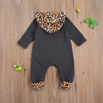 Novorodenca Oblečenie Leopard Tlač Romper Dieťa Chlapec Jeseň Dlhým Rukávom s Kapucňou Jumpsuit s Prednom Vrecku