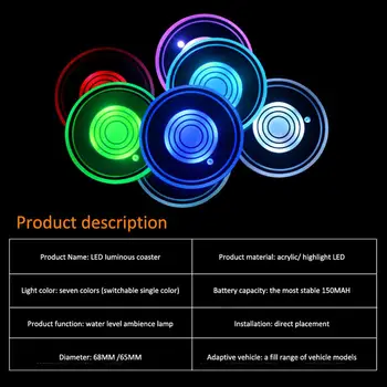 Nové 2KS LED Pohár Pad Auto Príslušenstvo Kryt Svetla Dekorácie Interiéru Svetlo 7 Farieb s 7 Farieb Zmena USB Nabíjanie