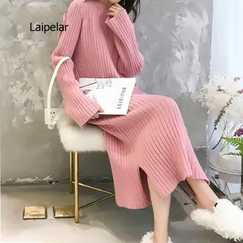 Nové Módne, Elegantné O-Krku Pletenie Šaty pre Ženy Dlho Rukáv, Ružová, Marhuľová Teplý Sveter Šaty Žena Jeseň Zima 2020