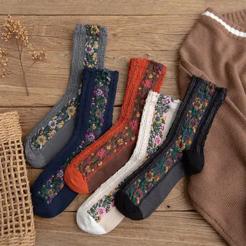 Nové Módne Ženy Ponožky Bavlna Euramerican Národnej Vietor Kvety Jesenné a Zimné Dámske Ponožky Teplé a Roztomilý