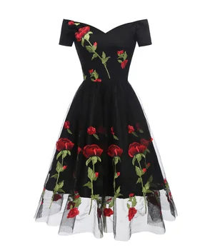 Nové Ruže Kvet Výšivky V krku big swing Hepburn Šaty Skladaný Oka Prekrytie Kvetinové Šaty Žien Večer Party Šaty Vestidos