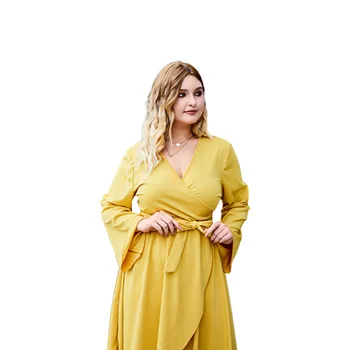 Nové jesenné zimné plus veľkosť šaty pre ženy, veľké voľné bežné scollop V krku low-cut šaty pásu žltá 4XL 5XL 6XL 7XL