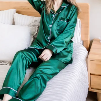 Nový 2 Kusy Jeseň Ženy Sleepwear Faux Hodváb Saténové Pyžamo Nastaviť Dlhý Rukáv Pyžamá pre ženy Dámske Pyžamá Voľný čas, oblečenie pre voľný čas