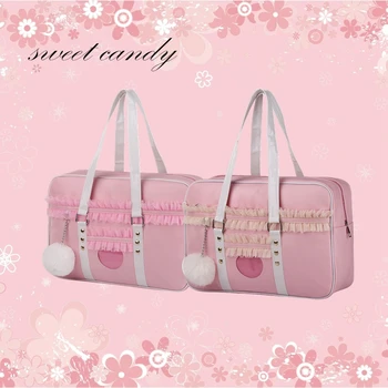 Nový Japonský Roztomilý JK Jednotné bag, Ružové Kabelky Lacework Ženy Kawaii Tašky cez Rameno, Transparentné Láska Kabelka