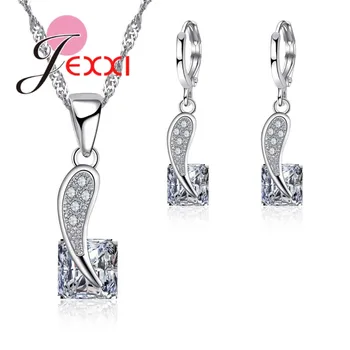 Nový Príchod Námestie Crystal Jedinečný Dizajn 925 Sterling Silver Šperky Sady pre Ženy Svadobný Náhrdelník s Príveskom, Náušnice Hoop