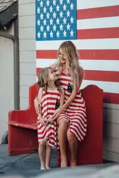 Nový Príchod Vlajku USA Matka, Dcéra Červený Prúžok Šaty Rodiny Zápas bez Rukávov Star Prúžok Šaty v Lete Dovolenku na Pláži Sundress
