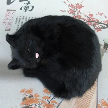 O 25x20x11cm roztomilý Simulácia black cat polyetylénu&kožušín spiacu mačku model darček y0204