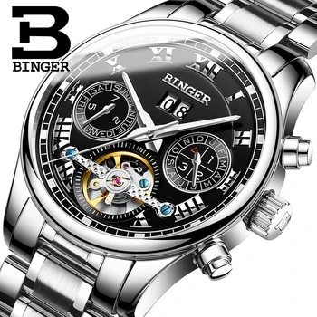 Originálne Luxusné BINGER Značky Mužov Self-vietor nepremokavé plný ocele, automatické mechanické muž Svietiace fashion hodinky Tourbillon