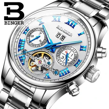 Originálne Luxusné BINGER Značky Mužov Self-vietor nepremokavé plný ocele, automatické mechanické muž Svietiace fashion hodinky Tourbillon