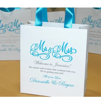 Osobné Mr & Mrs Svadobné Vitajte Tašky so Svetlo Modrou stuhou a mená Elegantné Modré a Strieborné svadbe prospech pre hostí