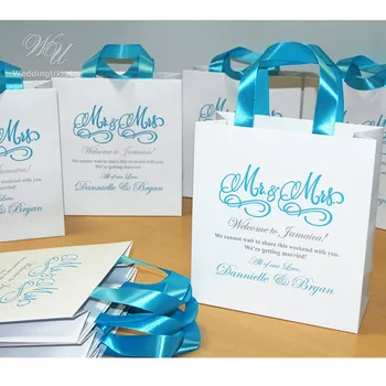Osobné Mr & Mrs Svadobné Vitajte Tašky so Svetlo Modrou stuhou a mená Elegantné Modré a Strieborné svadbe prospech pre hostí