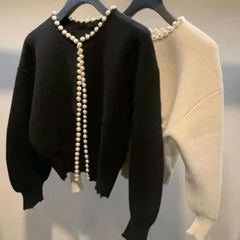 Otvorte Steh Kabát Ženy Elegantné Perly Krátka Bunda Sladké Lístkového Rukáv O-Krku Pletenie Cardigan Vrchné Oblečenie Na Jeseň Žena Topy Coats