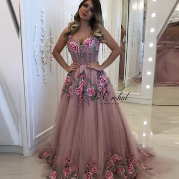 PEORCHI Prašnom Ružová Večerné Šaty Dlhé S Vyšívané Vestidos De Noche V Krku Riadok Tylu Dámy Večer Formálne Šaty 2020